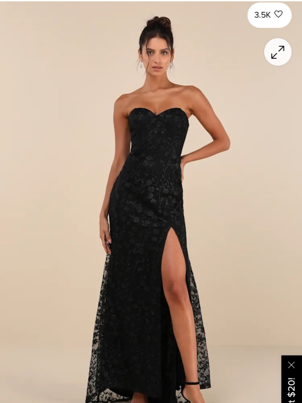 Lulu's Black Strapless Lace Evening Gown with Thigh Slit